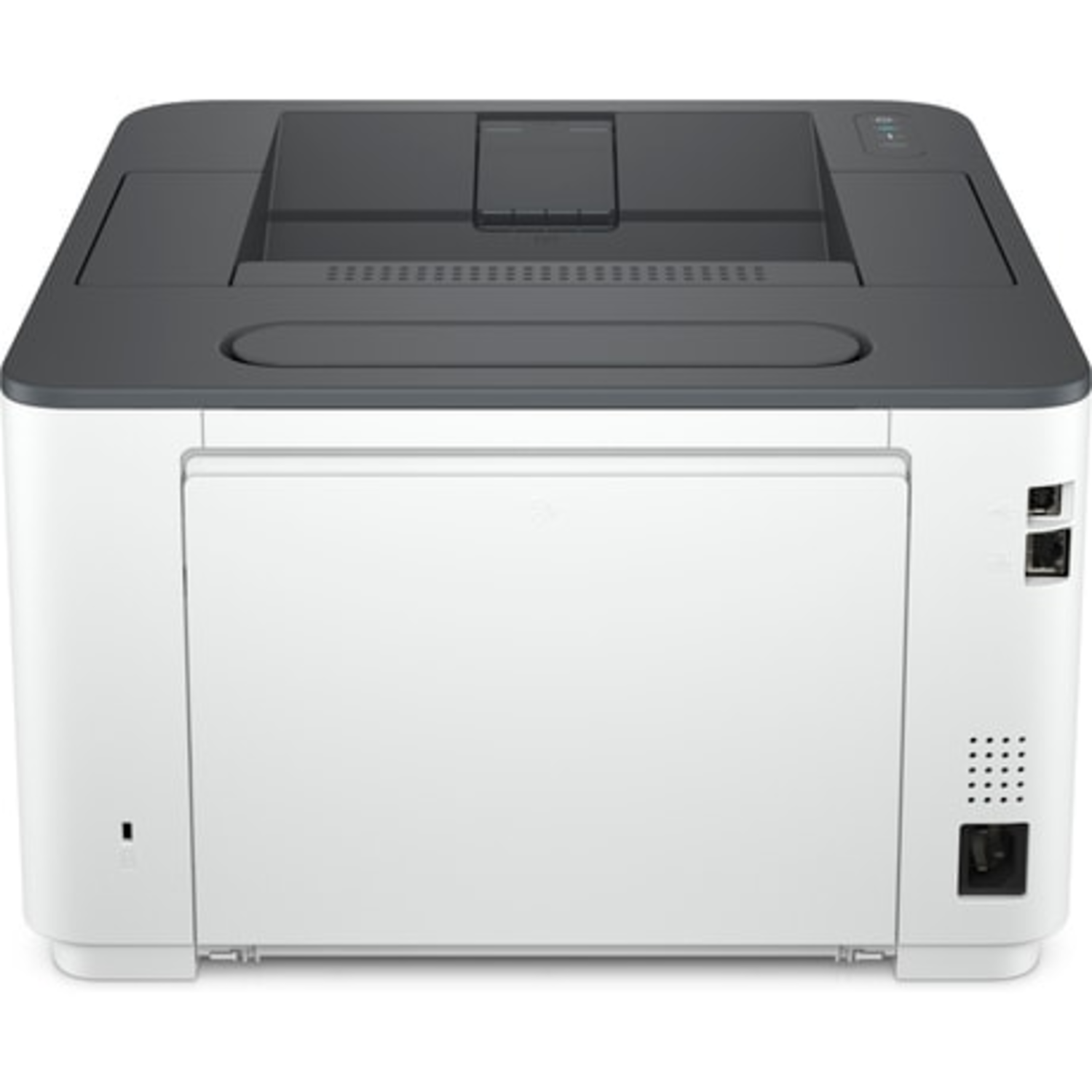 Back view of a white and gray HP printer, showing ports and power connection.