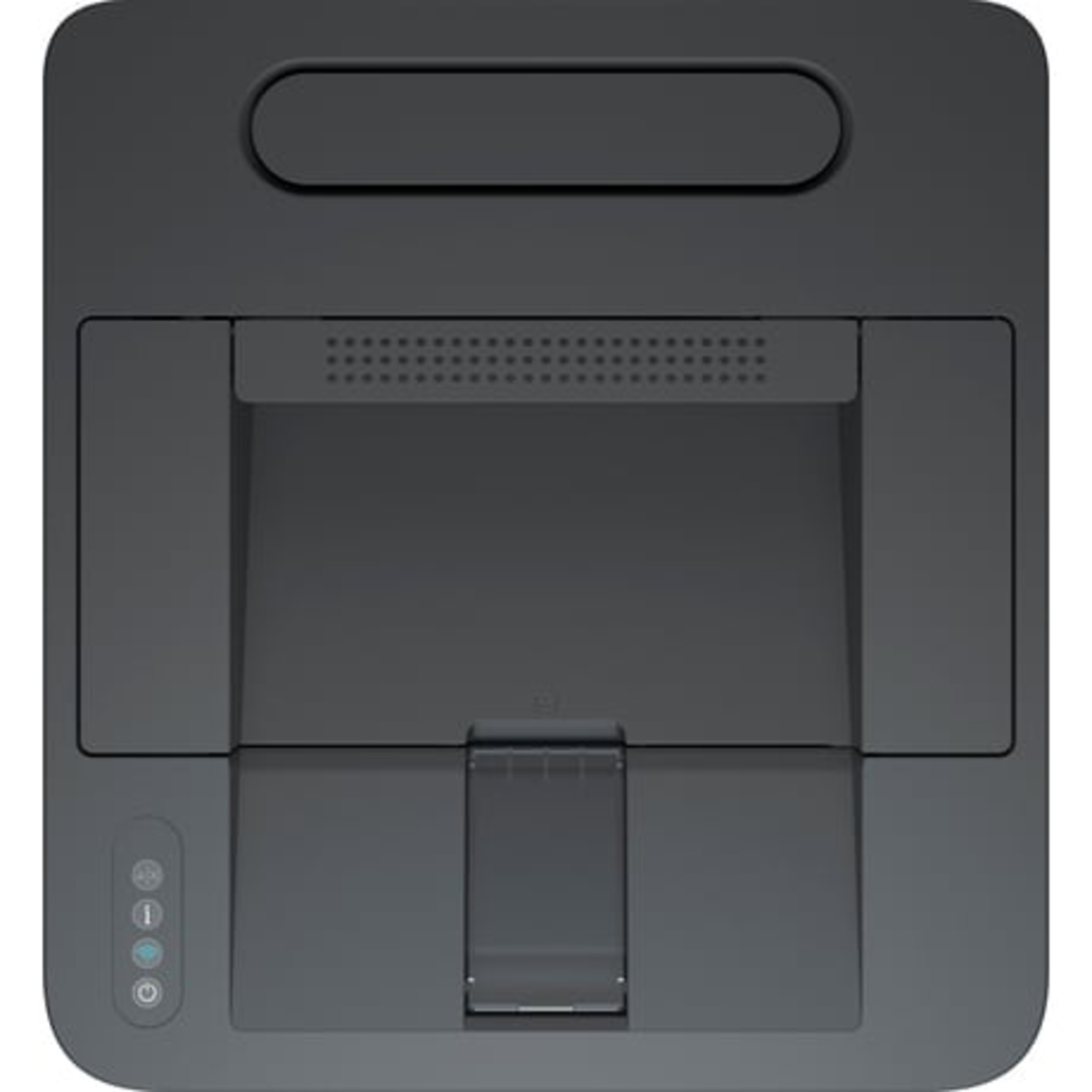 Top view of a dark gray HP printer, showing the top panel with power button and controls.