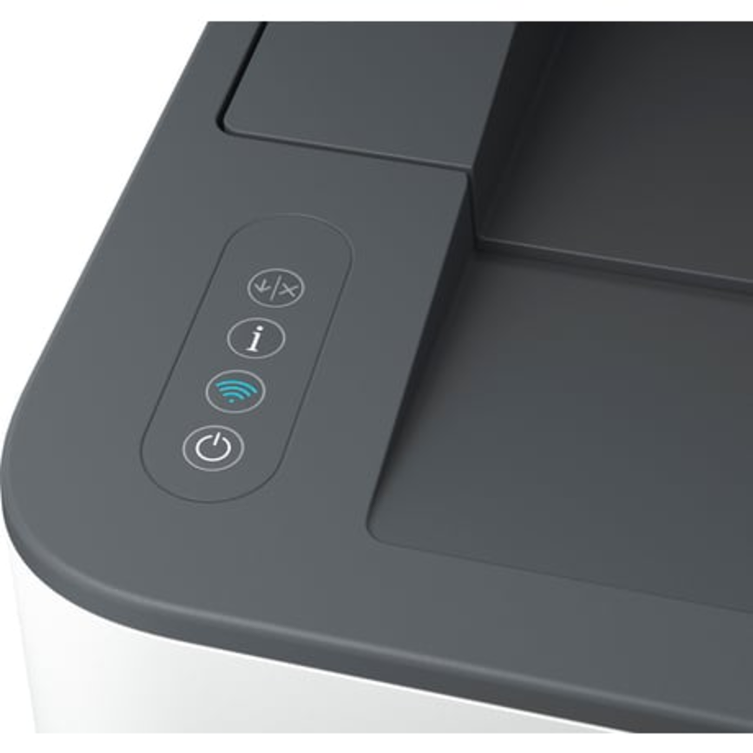 Close-up of a printer control panel with power, info, and Wi-Fi buttons, all on a gray surface.