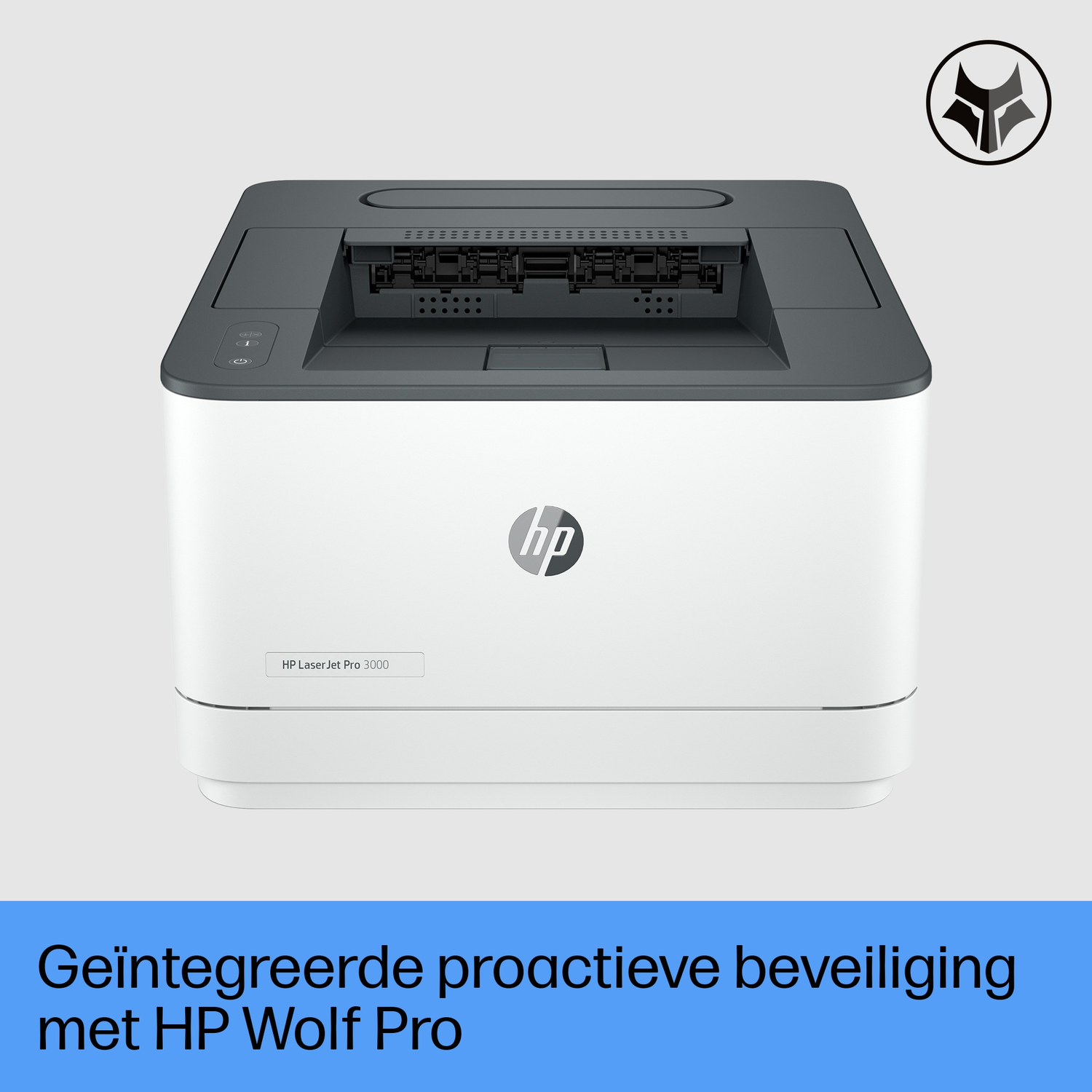 HP printer with a text: Geïntegreerde proactieve beveiliging met HP Wolf Pro
