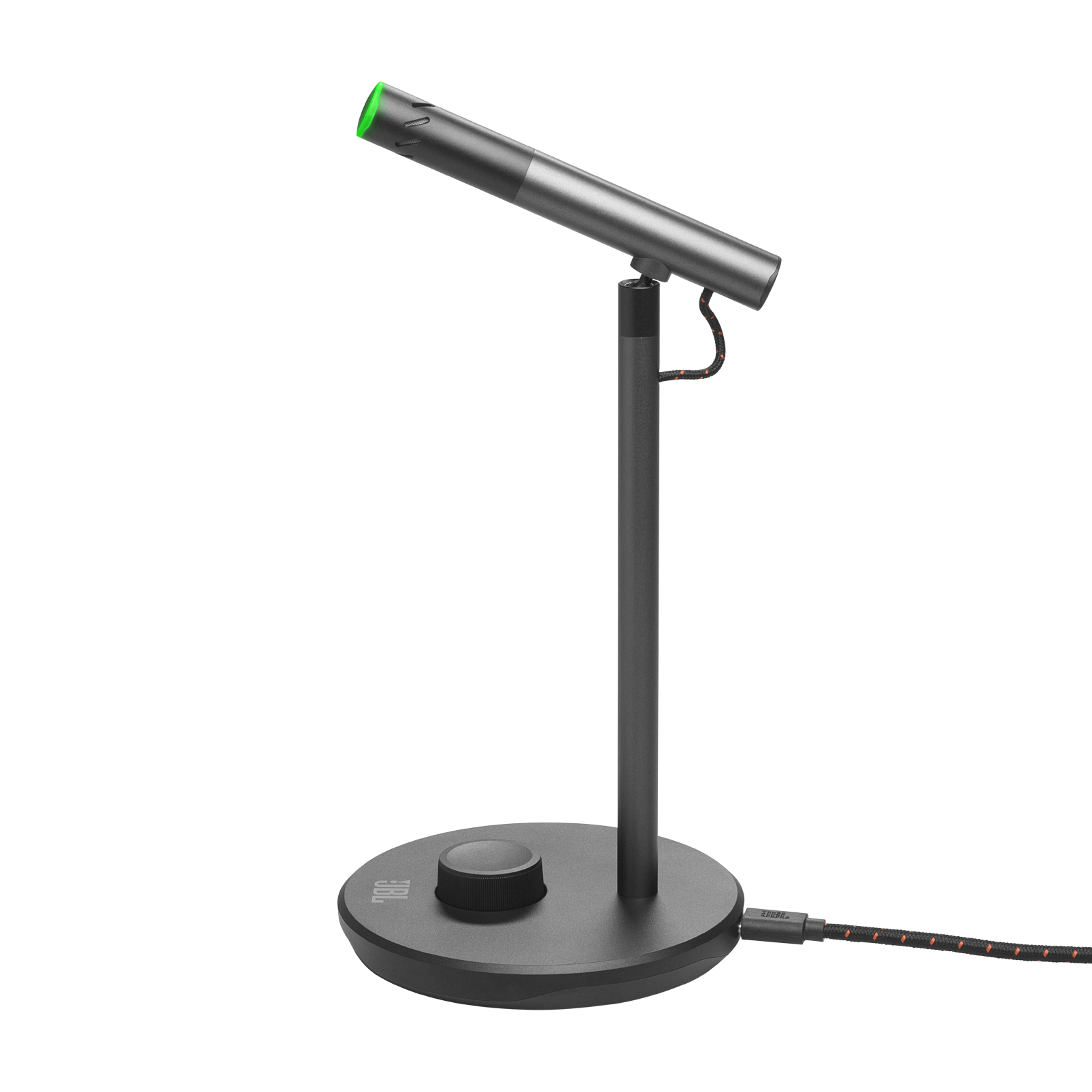 Üstte yeşil bir LED ışığı olan bir stand üzerinde siyah bir mikrofon.