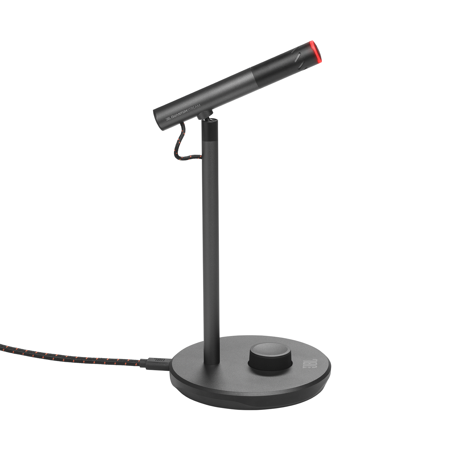 Üstte kırmızı bir LED ışığı olan bir stand üzerinde siyah bir mikrofon.