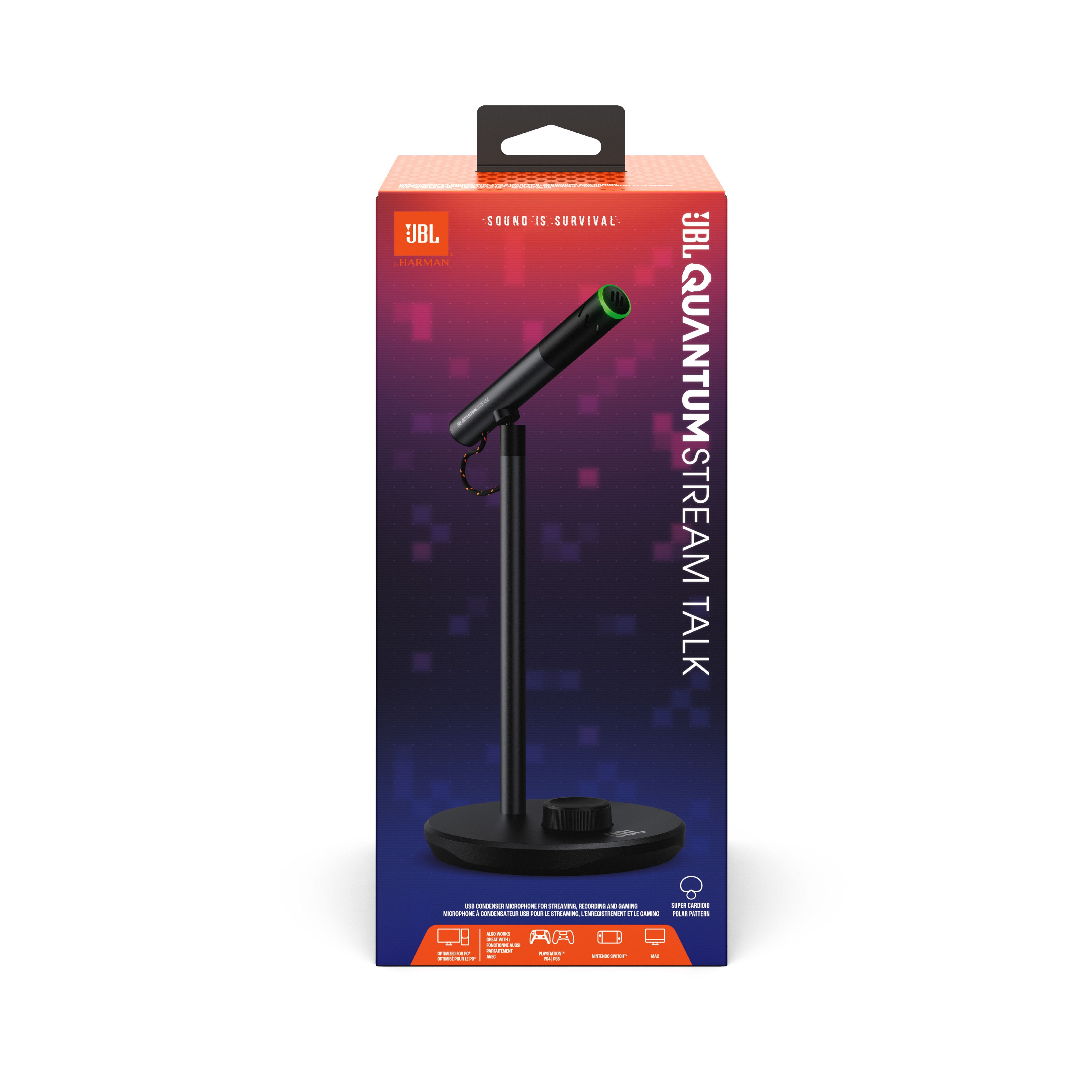 Bir kutuda standlı bir mikrofon. Kutu, JBL ve Quantum Stream Talk logosuyla siyahtır.