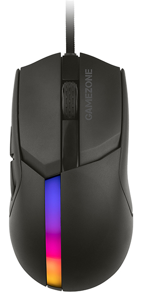 Czarna mysz komputerowa ze świecącym paskiem świetlnym RGB. Biała powierzchnia.