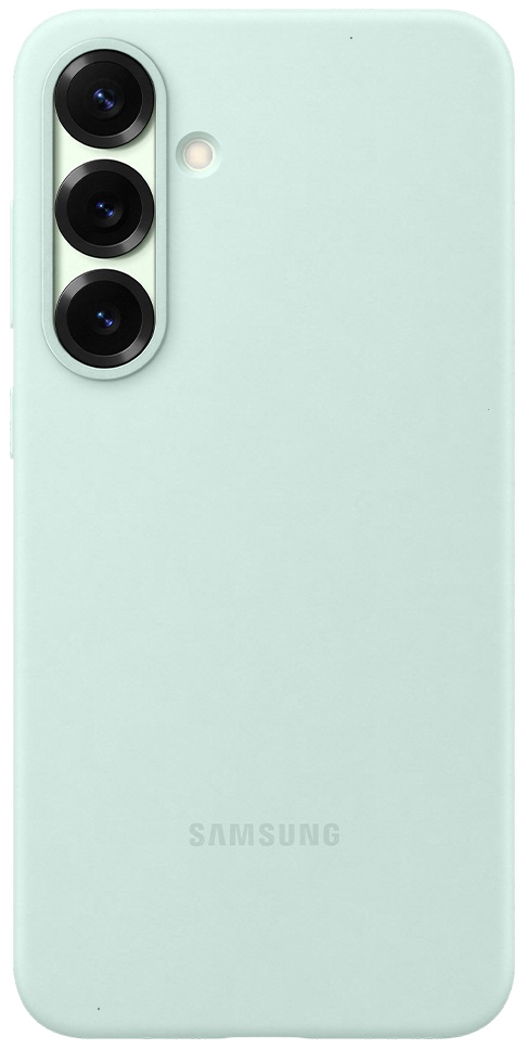 Jasnozielone etui na telefon z trzema obiektywami aparatu i logo Samsung.