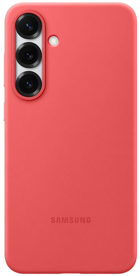 Czerwone etui na telefon Samsung, z trzema obiektywami aparatu i logo Samsung.