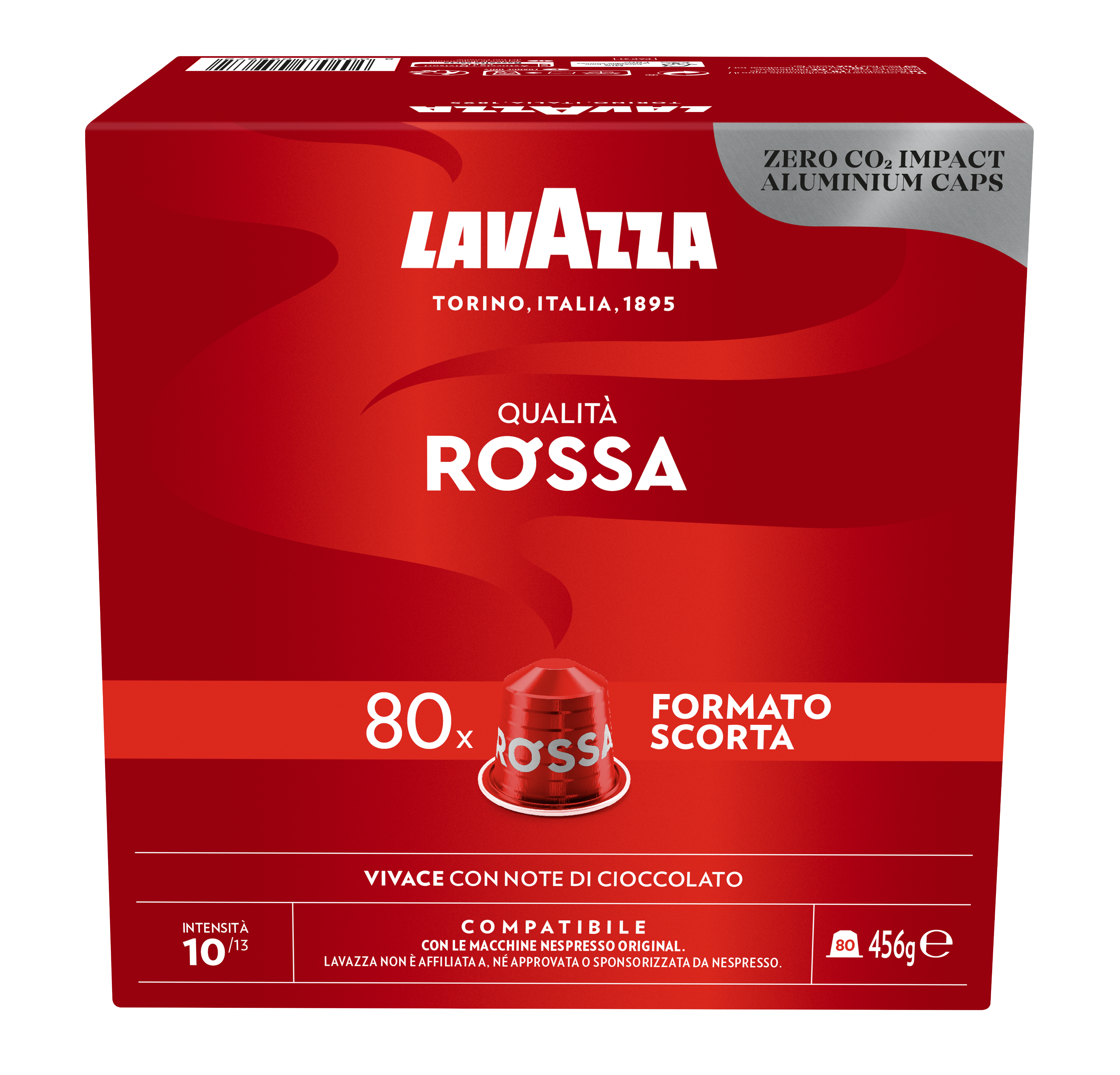Rote Lavazza-Kaffeekapselbox mit Text und Kapselillustration. 'Qualità Rossa'-Etikett.