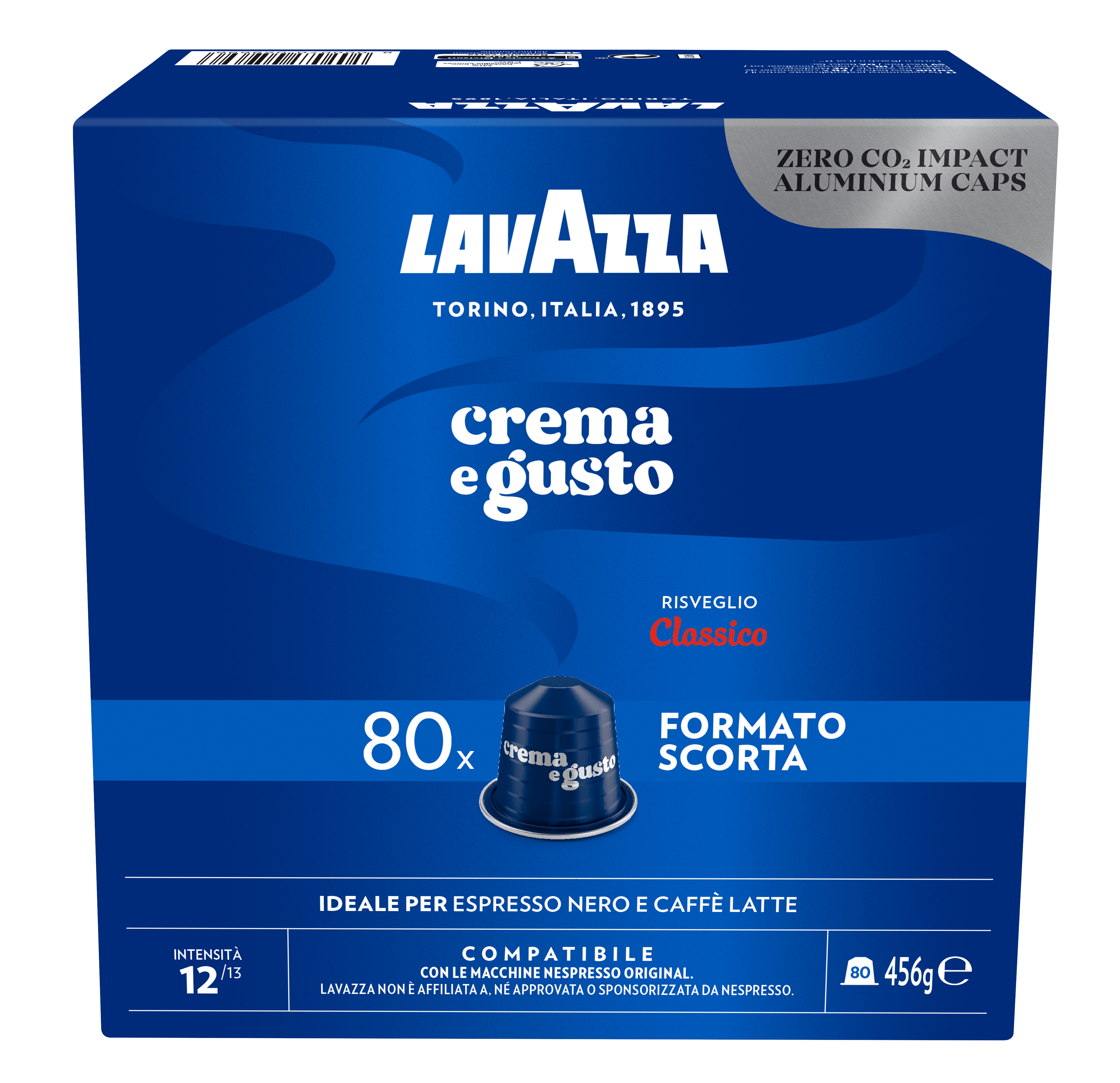 Blaue Lavazza-Kaffeekapselbox mit Text, enthält 80 Kapseln, beschriftet mit 'Crema e Gusto'.