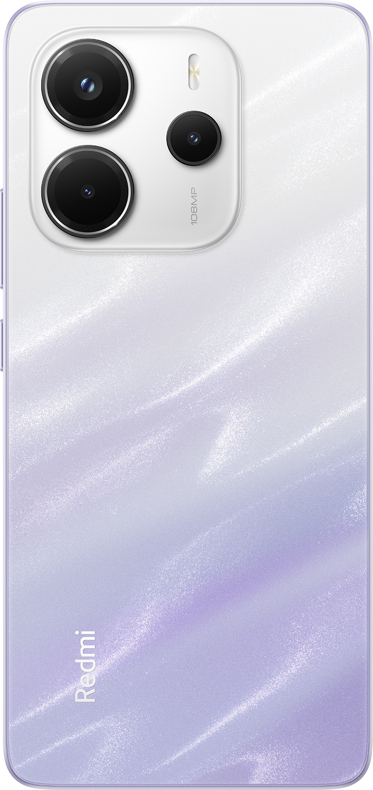 Lila-fehér telefon három hátlapi kamerával és Redmi logóval.