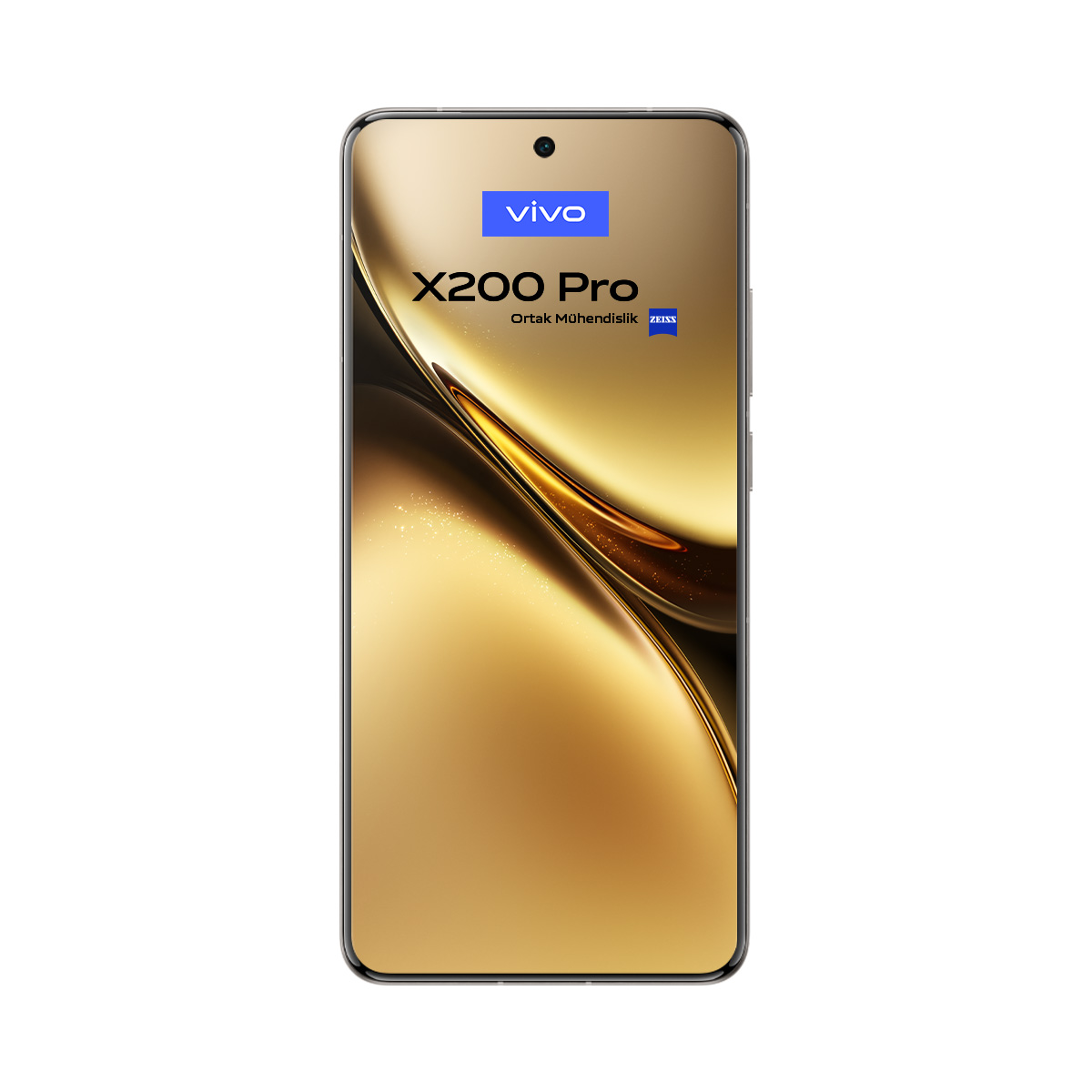 Beyaz zeminde Vivo X200 Pro akıllı telefon. Telefonun altın renkli, kavisli bir arka tarafı var. Marka logosu üstte.