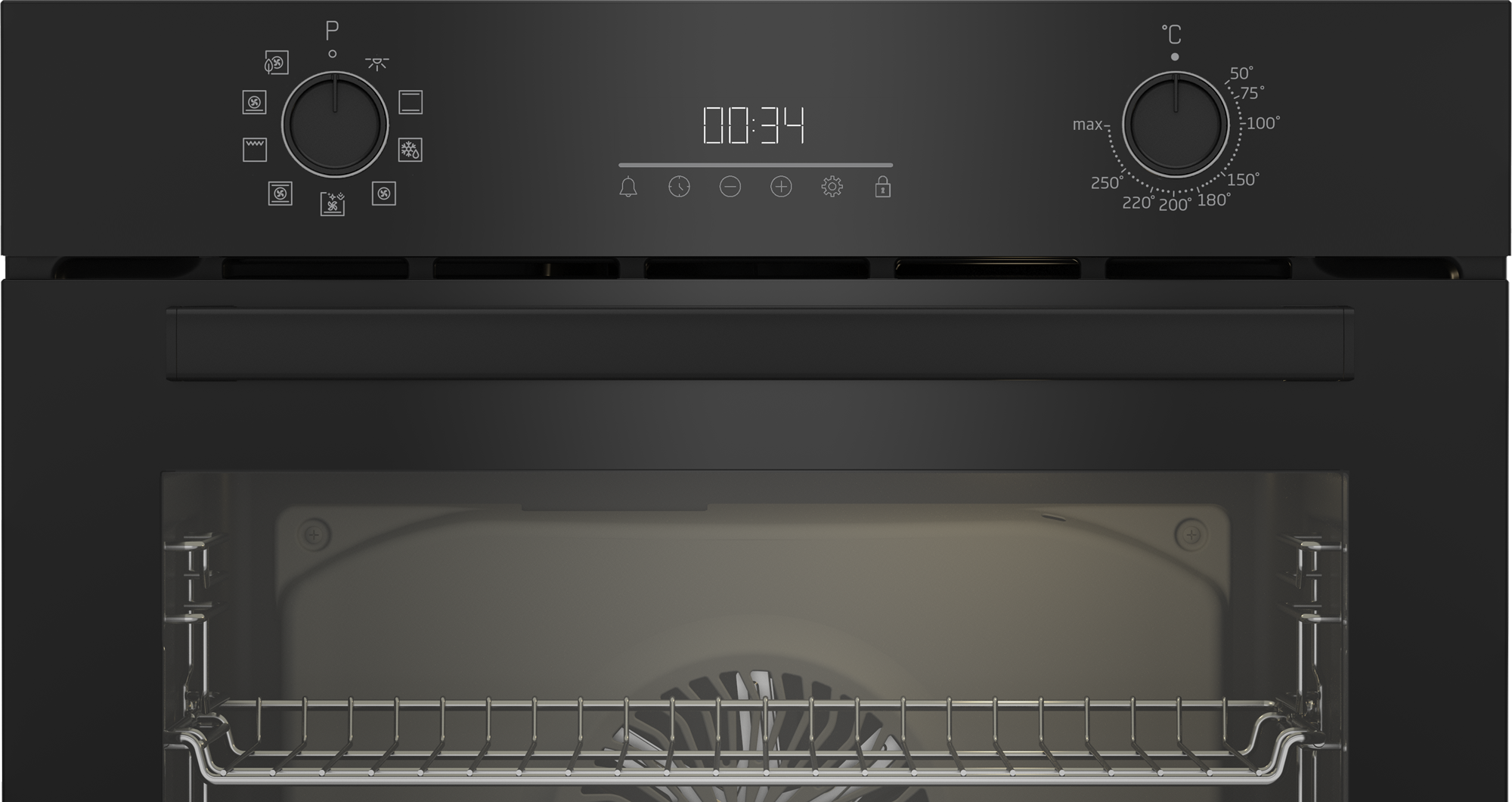 Fekete sütő vezérlőpanel, digitális kijelző, gombok és beállítások.