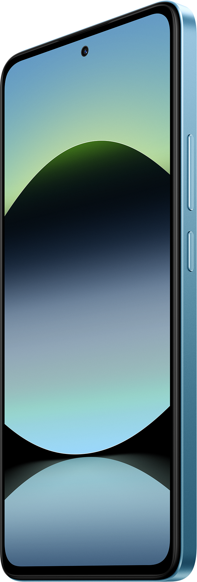 Kék telefon képernyője gradiens háttérrel. A képernyő tükrözi a fényt. Oldalnézet, hangerő gombokkal.