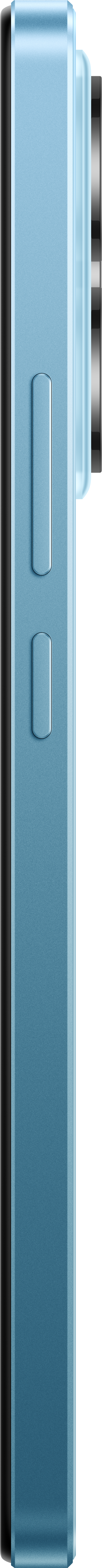 Világoskék telefon oldalsó nézete hangerő- és bekapcsológombokkal. Fekete háttér.