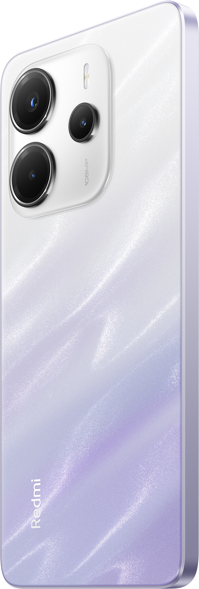 Fehér-lila Redmi telefon. Három hátlapi kamerával és vakuval rendelkezik. A telefon ferdén áll.