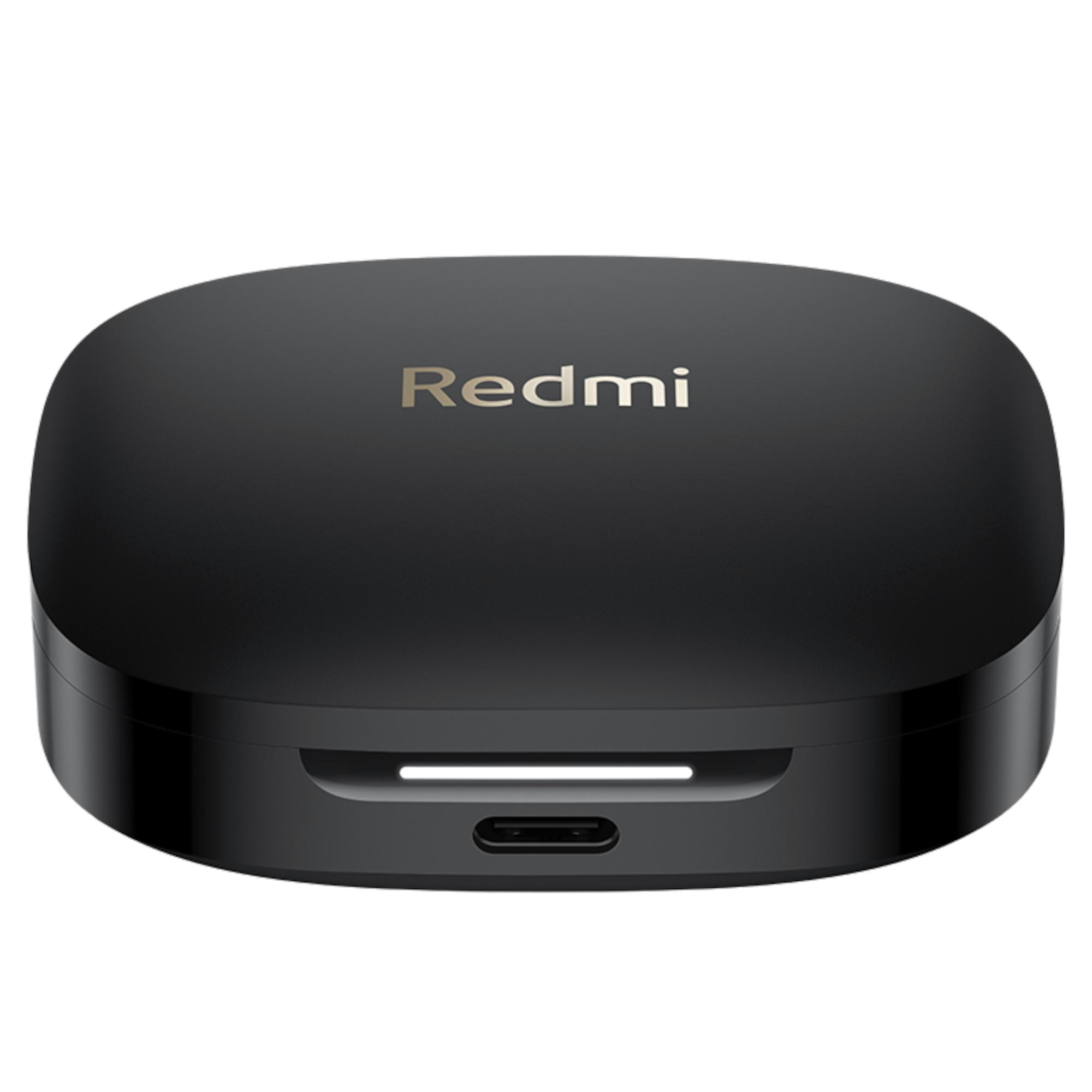 Schwarzes Ladecase mit dem Redmi-Logo. Hat einen Ladeanschluss an der Unterseite. Das Case ist geschlossen.