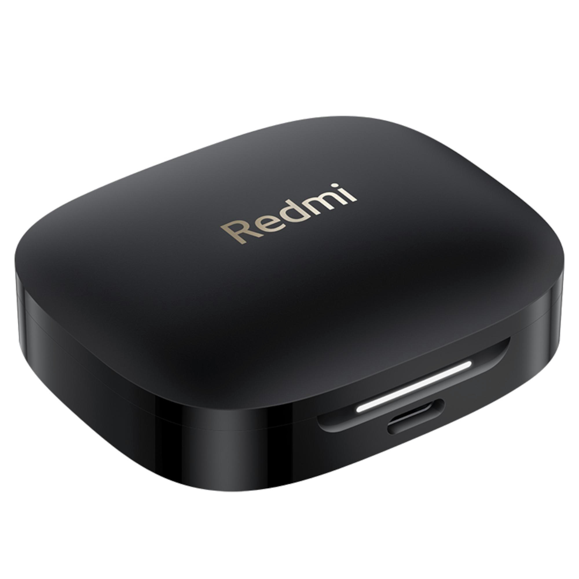 Schwarzes Ladecase mit dem Redmi-Logo. Hat einen Ladeanschluss an der Unterseite. Das Case ist geschlossen.