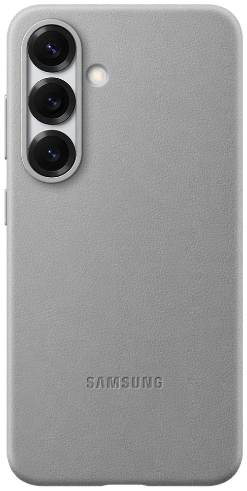 Szare etui na telefon z trzema aparatami i logo Samsung.