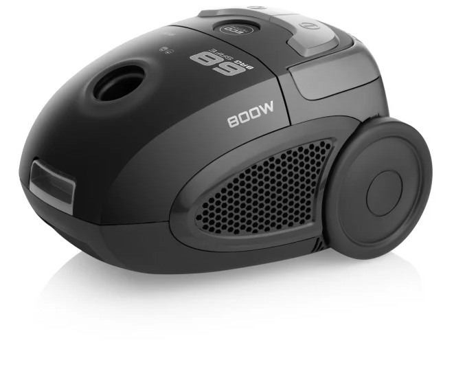 Fekete porszívó kerekített formával. Szürke teteje és fekete teste van. 800W látható.