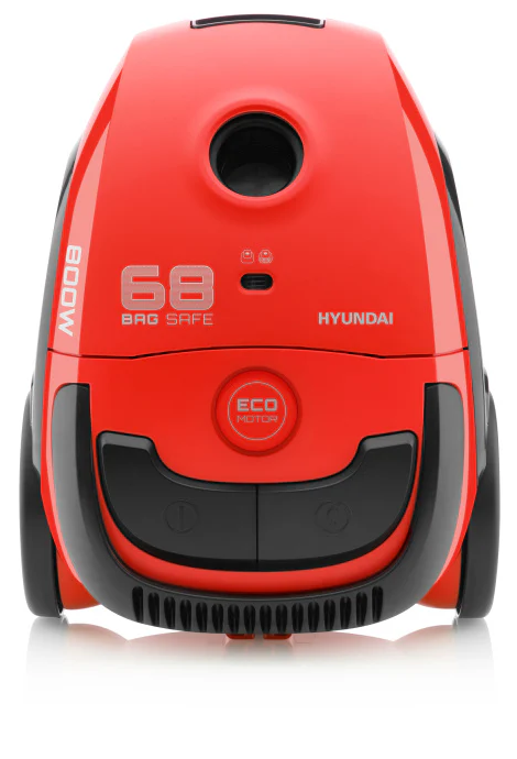 Piros porszívó fekete részletekkel. 800W és ECO MOTOR látható.