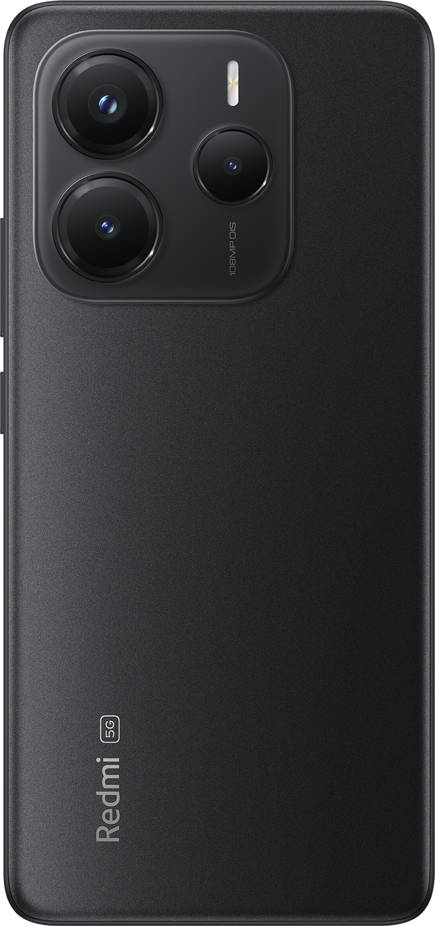 Fekete telefon hátlapja három kamerával és vakuval, alul a Redmi logóval.