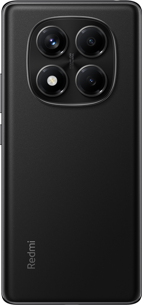 Fekete okostelefon négy hátlapi kamerával, Redmi logóval alul.