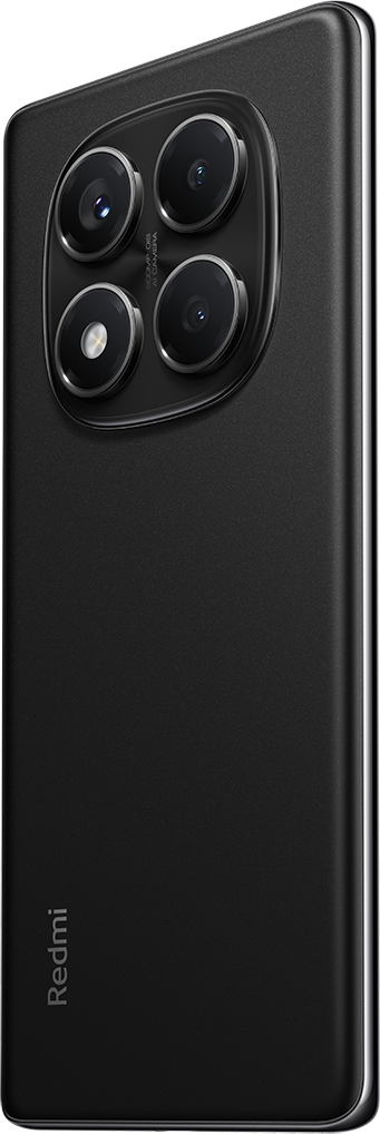 Fekete okostelefon hátlap, több kamerával és Redmi logóval.