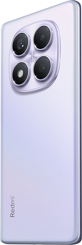 Egy lila Redmi telefon hátulnézete, négy kamerával és fehér kamera házzal. A Redmi logó látható.