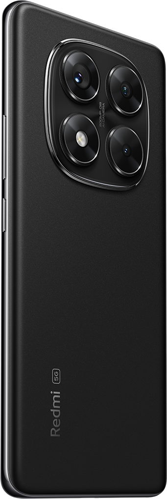 Egy fekete Redmi telefon hátulnézete, négy kamerával és fekete kamera házzal. A Redmi logó látható.
