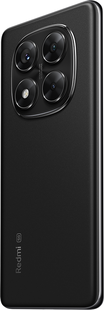 Egy fekete Redmi telefon hátulnézete, négy kamerával és fekete kamera házzal. A Redmi logó látható.