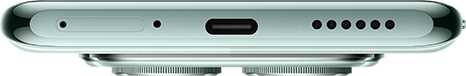 Egy zöldeskék okostelefon alja USB-C porttal, mikrofonokkal és hangszórólyukakkal. Közelkép.