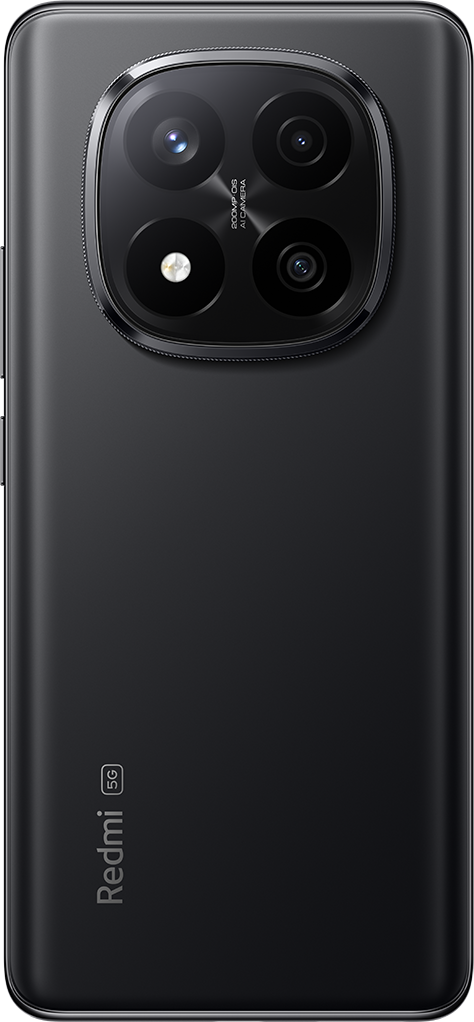 Fekete telefon hátlapja kamerarendszerrel. Redmi 5G logó látható.