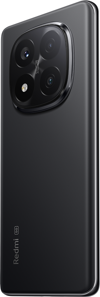 Fekete telefon hátlapja nagyméretű kameramodullal és Redmi logóval.