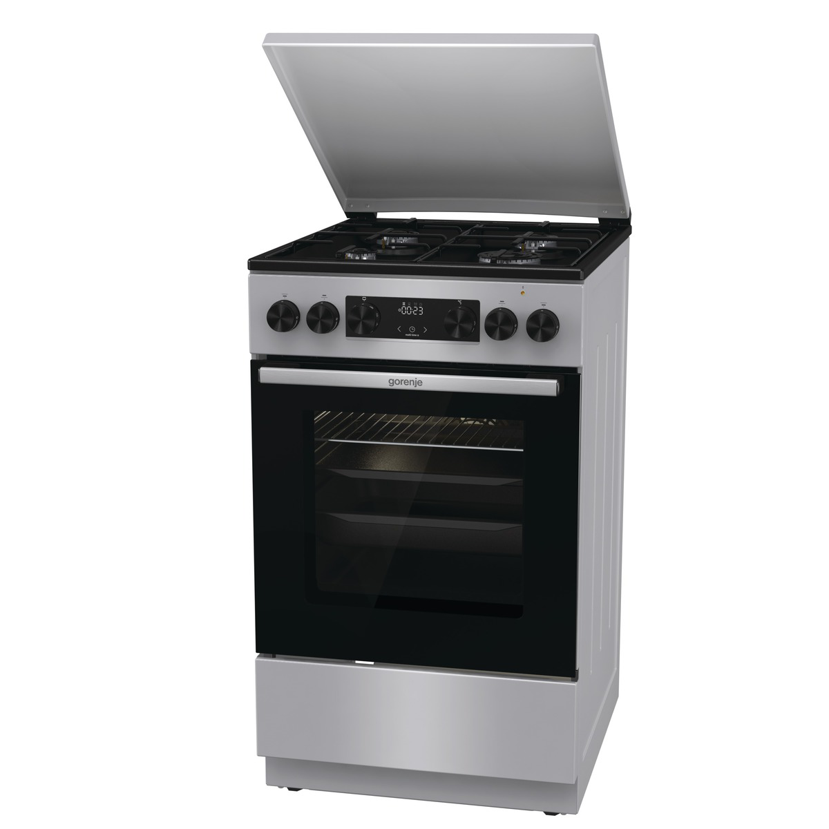Ezüst-fekete Gorenje gáztűzhely nyitott fedéllel. Fekete üvegajtó, digitális kijelző.