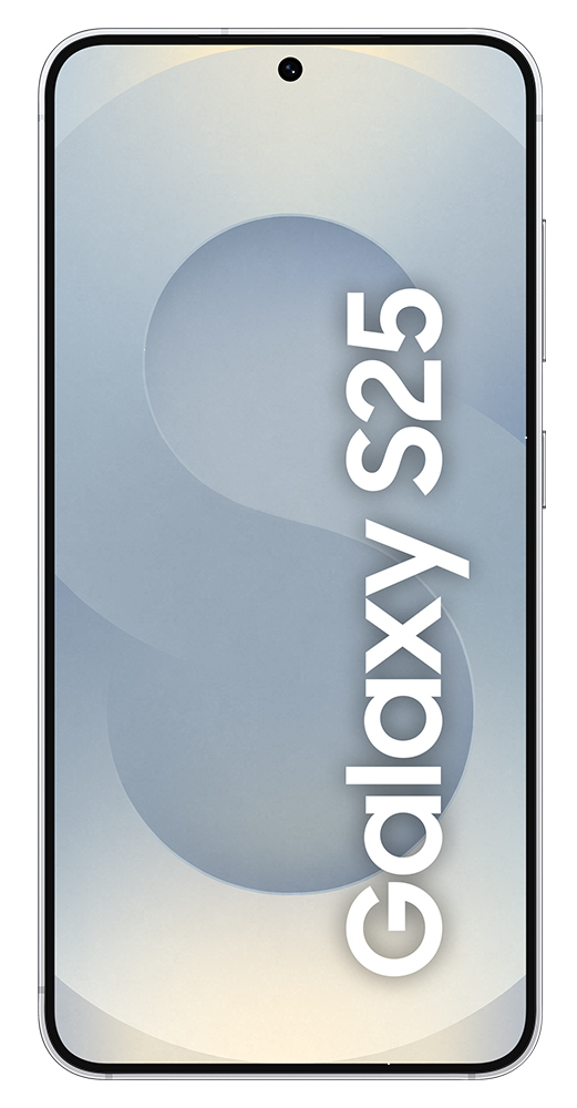 Biały smartfon z dużym ekranem i napisem Galaxy S25.