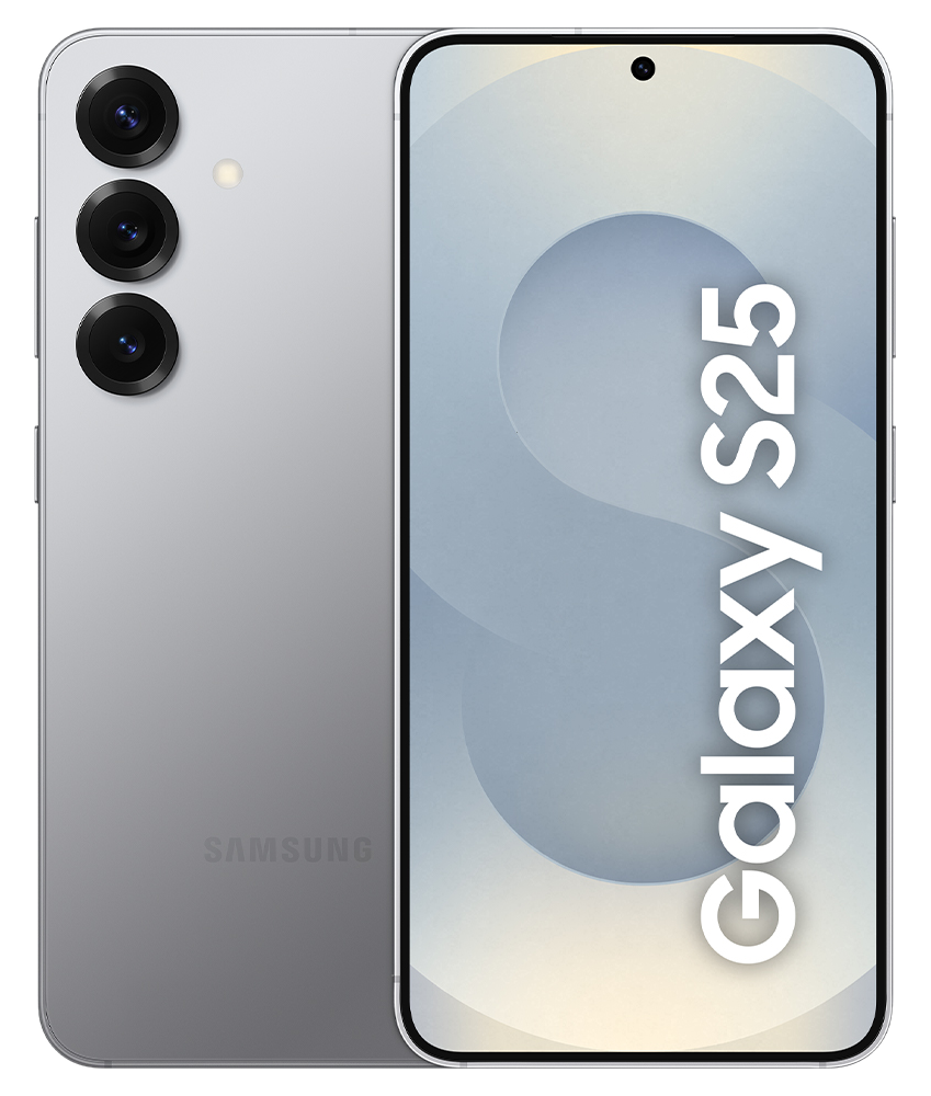 Srebrny telefon Samsung Galaxy S25, widok z boku. Ekran wyświetla tekst Galaxy S25.