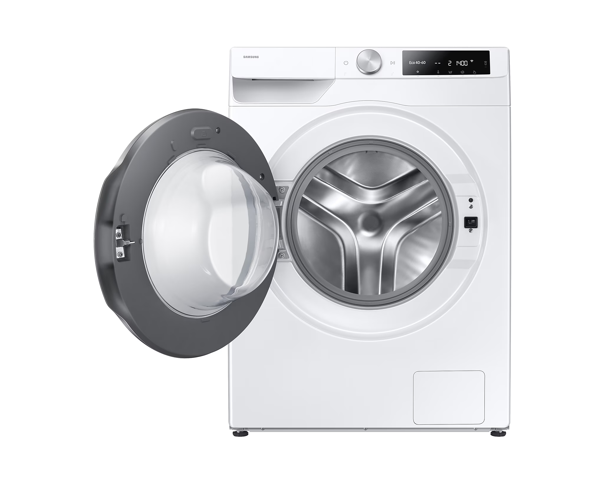 Weiße Waschmaschine mit offener Tür. Im Inneren befindet sich eine silberne Trommel.