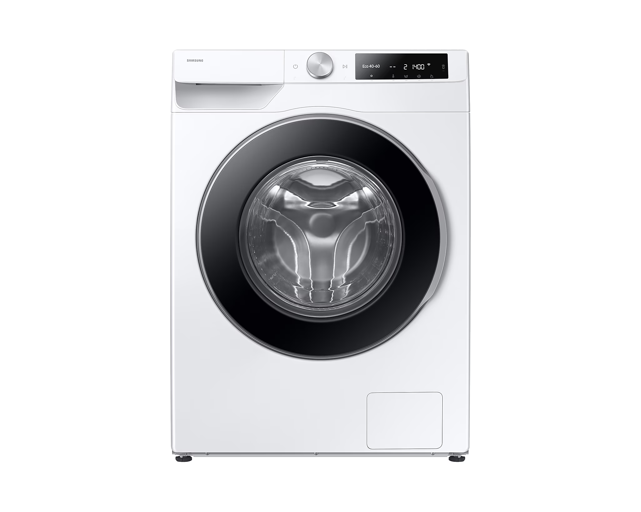 Weiße Waschmaschine mit schwarzer Tür, Vorderansicht. Knöpfe und Display oben. Schwarzer Hintergrund.