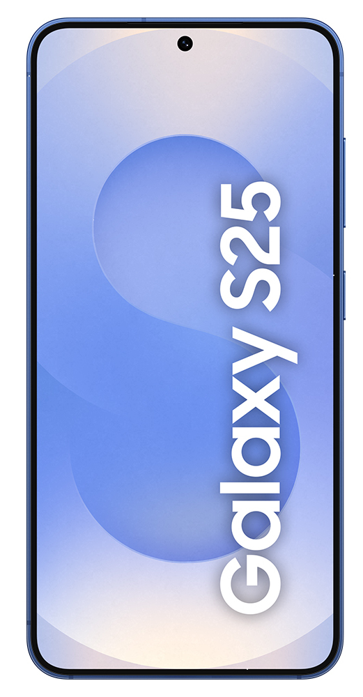 Niebieski smartfon z białym tekstem "Galaxy S25" na ekranie.