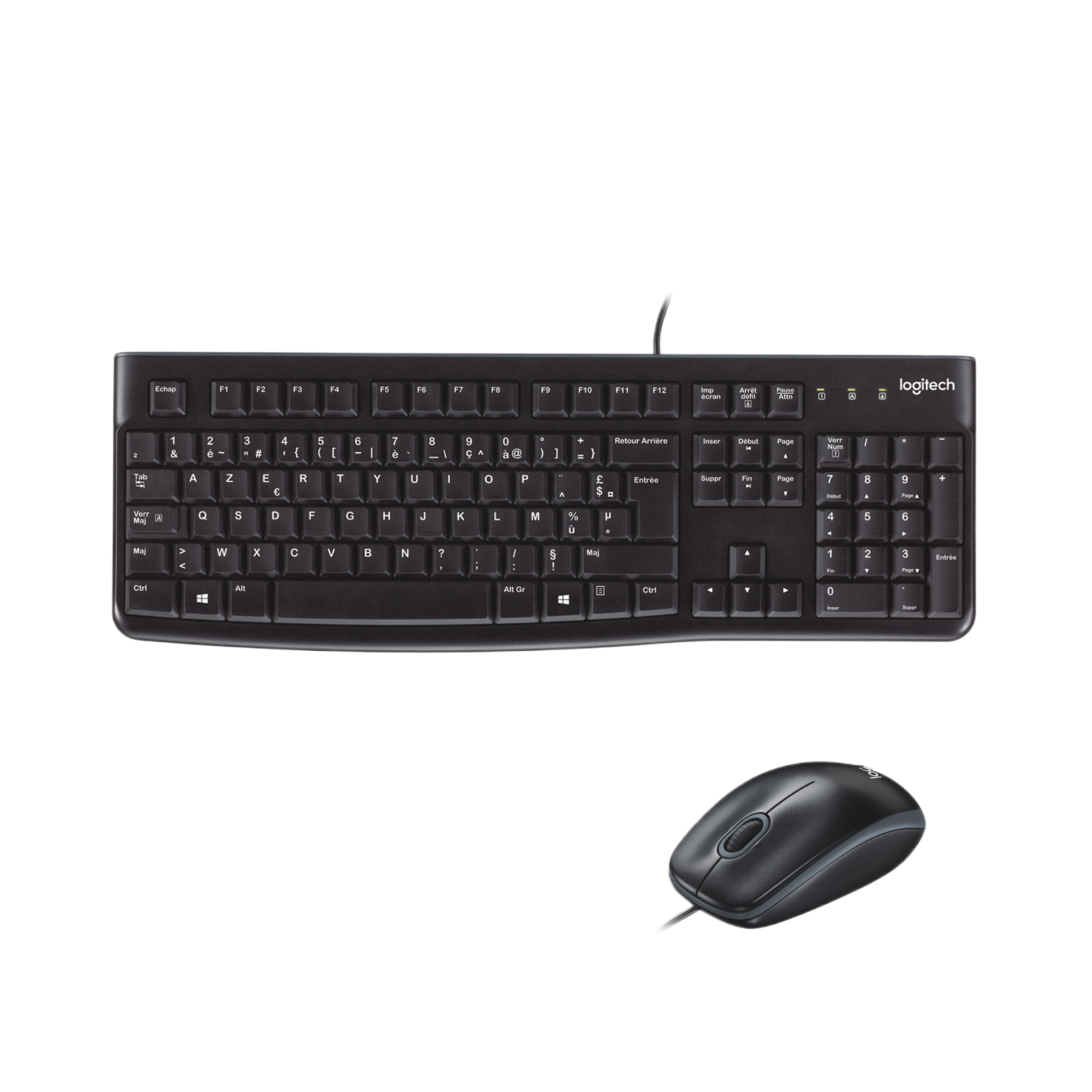 Ensemble clavier et souris noirs sur fond noir. La marque Logitech est visible sur le clavier.