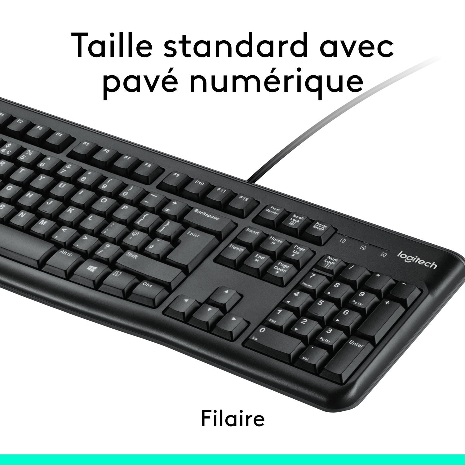 Un clavier noir avec une disposition standard, avec du texte superposé en français. Le clavier est sur une surface blanche.
