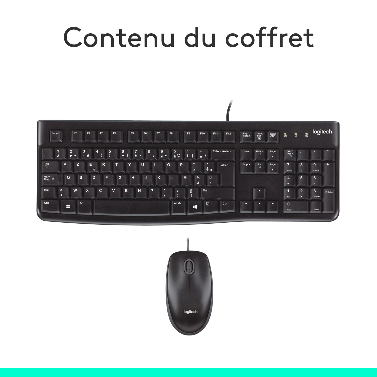 Ensemble clavier et souris noirs. Le clavier a une disposition française, la souris un logo Logitech.