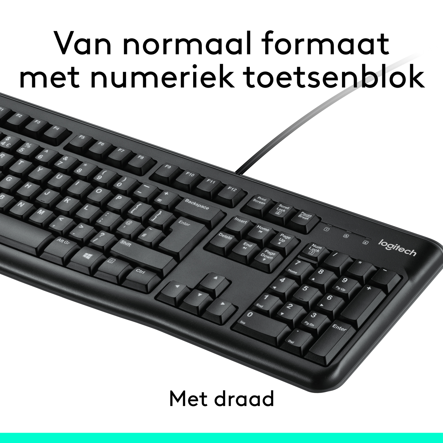 Zwart computertoetsenbord met numeriek toetsenbord en draad, tekst in het Nederlands met 'met draad'.
