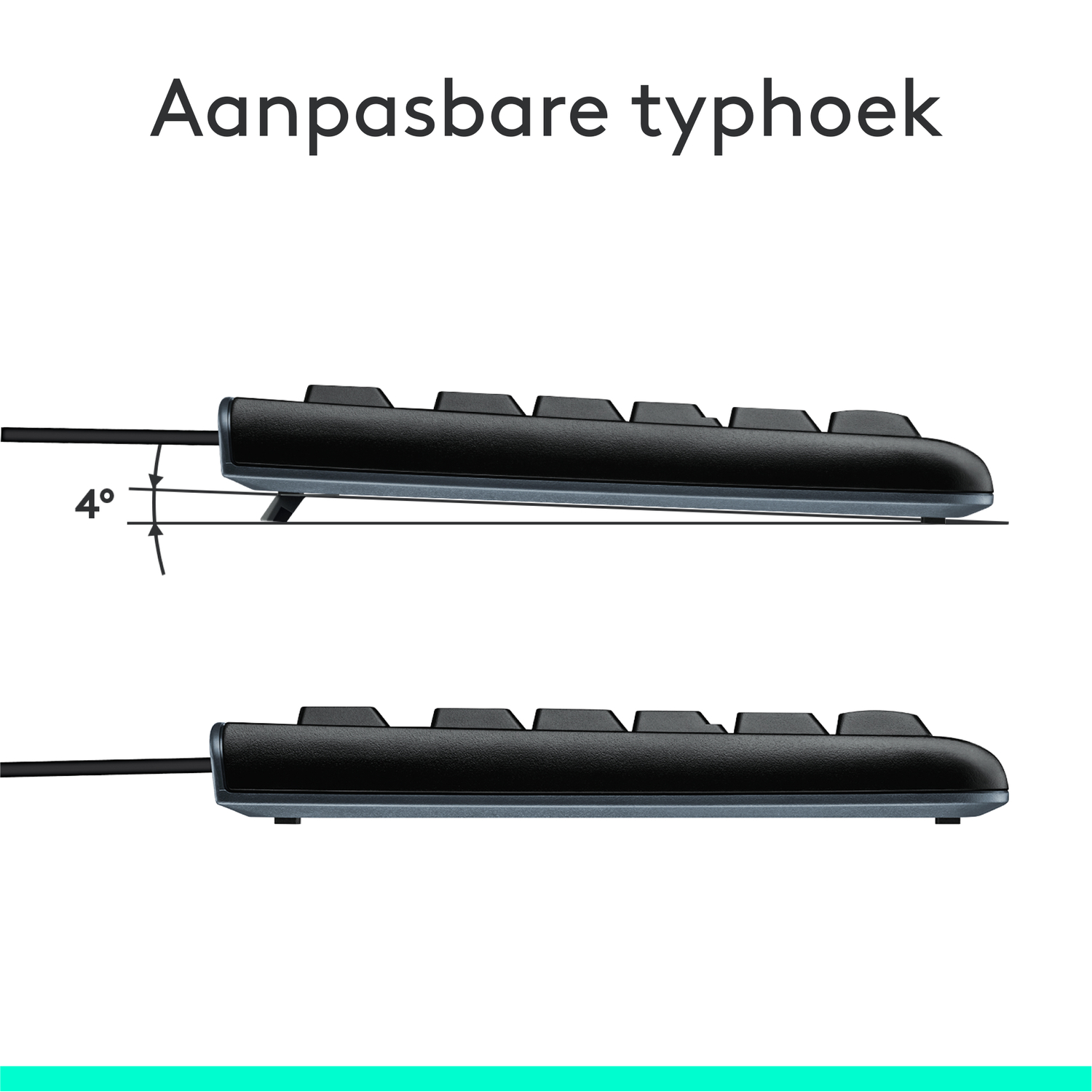 Twee diagrammen die de verstelbare typehoek van een zwart toetsenbord tonen.