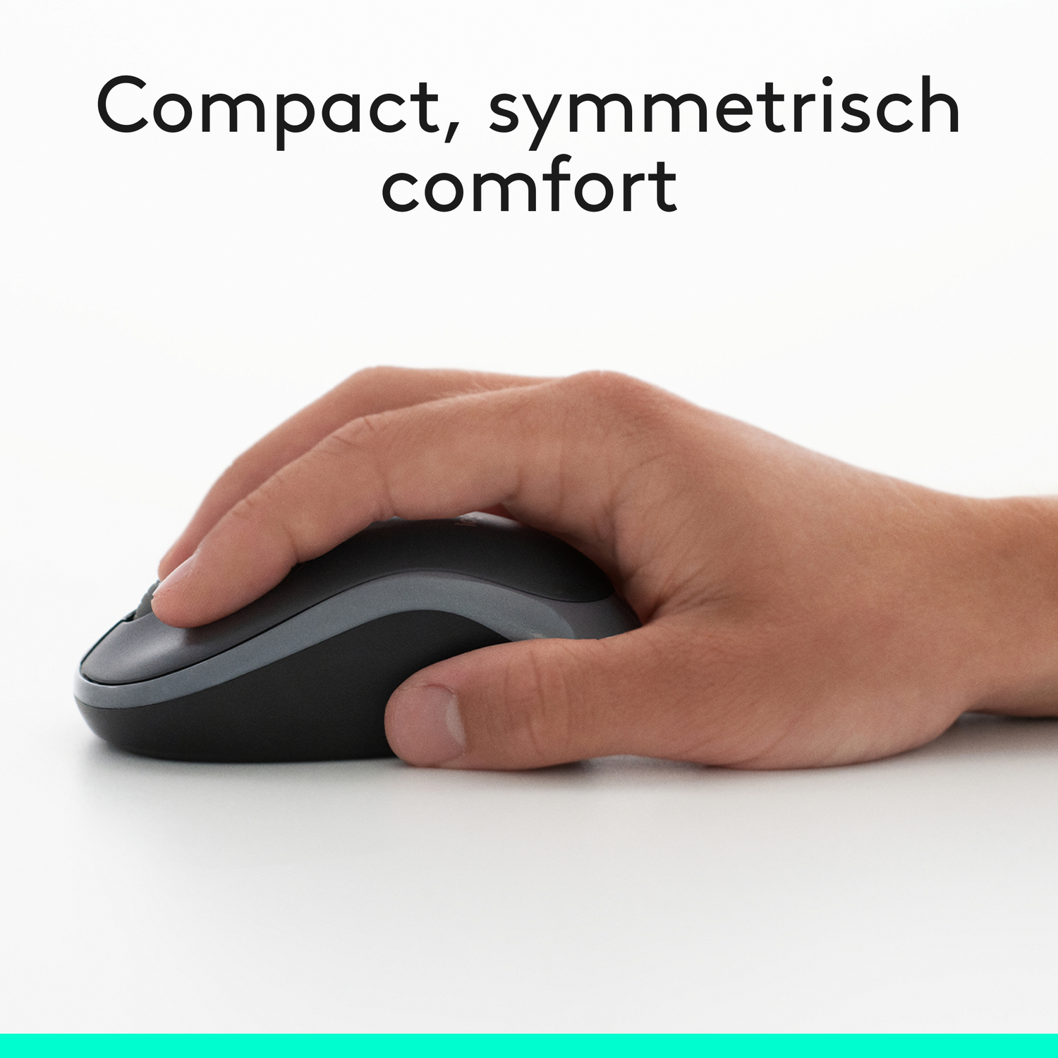 Hand holding a black and grey computer mouse.