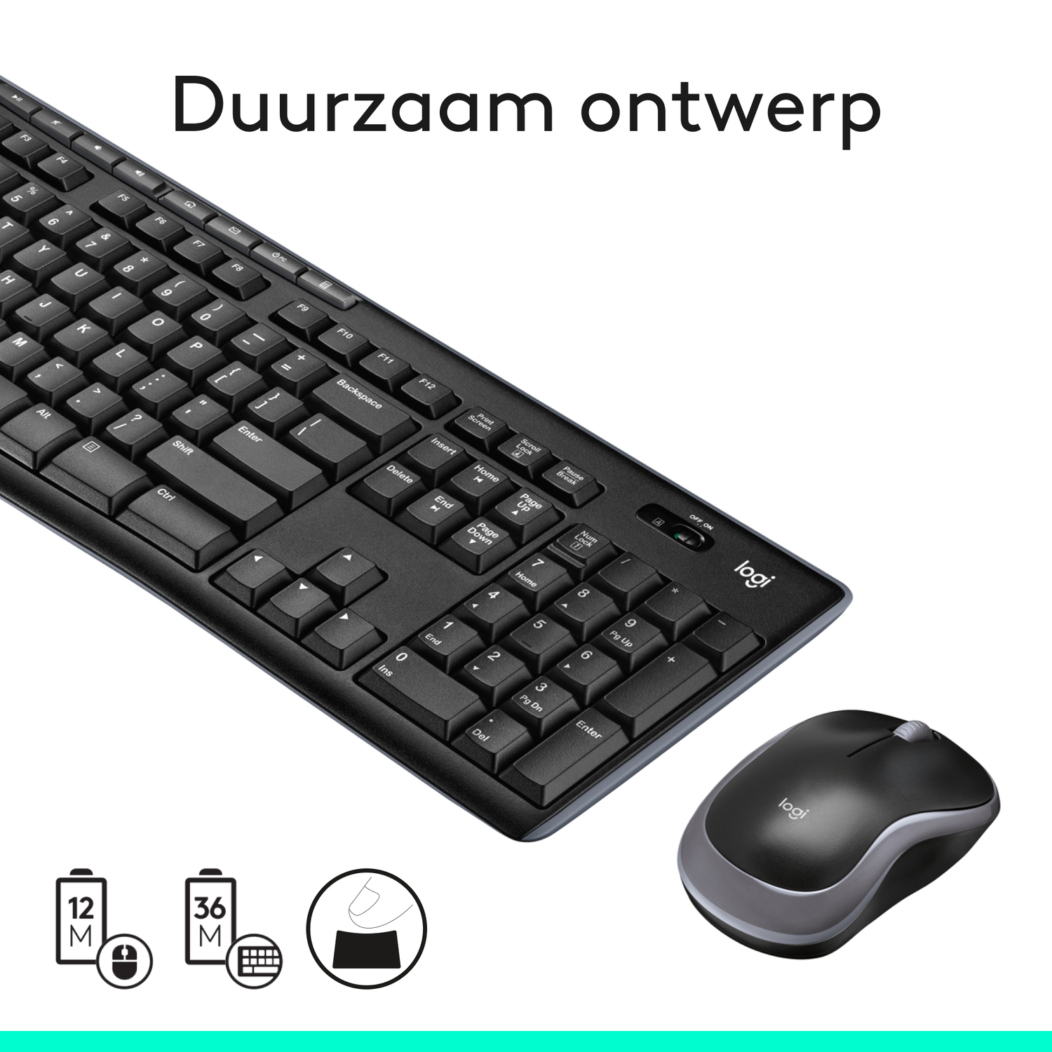 A black keyboard and mouse set on a white surface, with icons below.