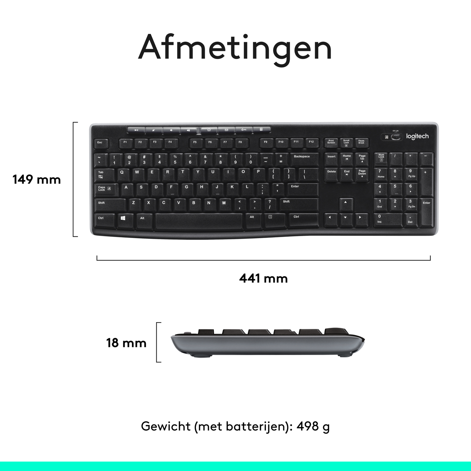 Keyboard dimensions: 441mm wide, 149mm high, 18mm thick. Weight with batteries: 498g.
