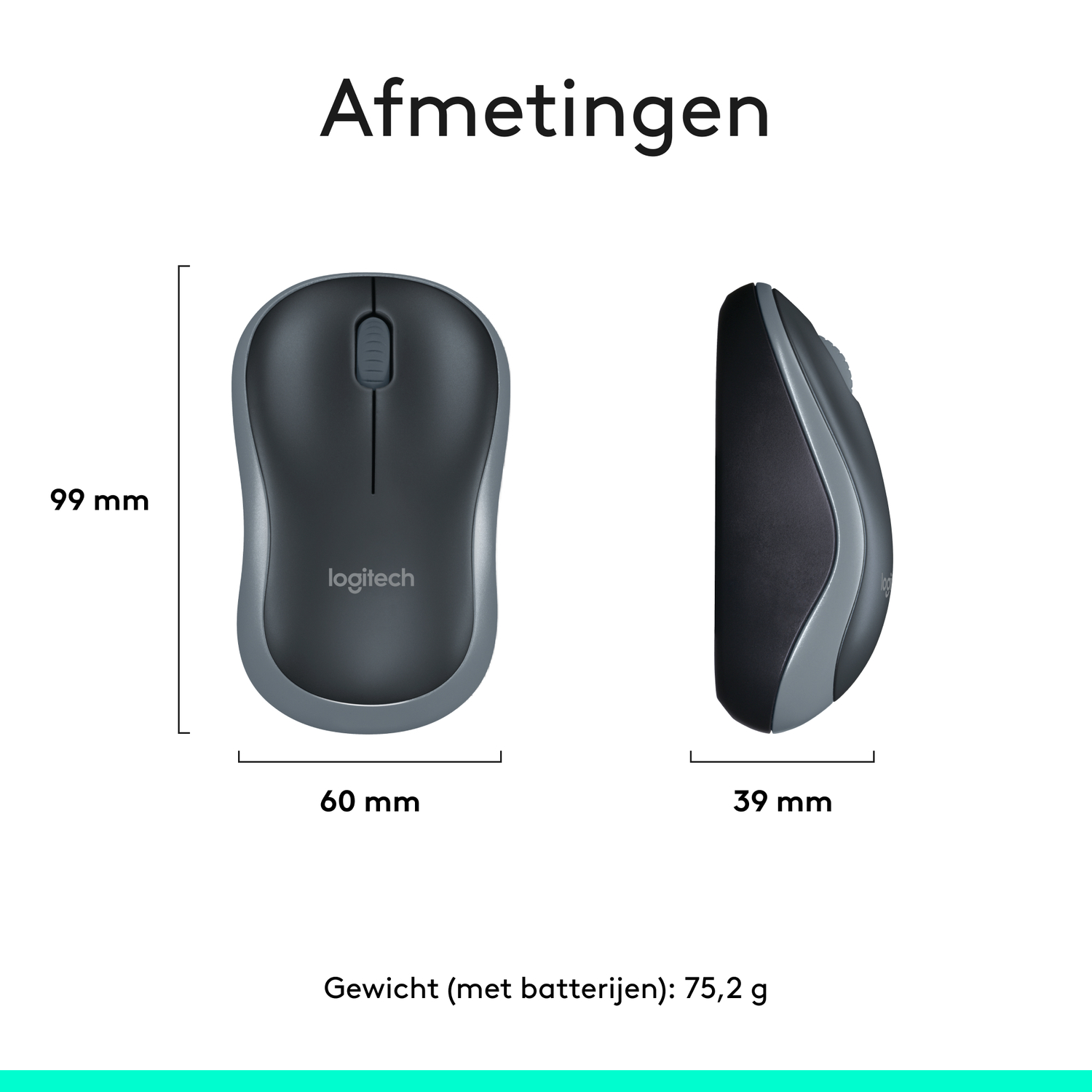 Mouse dimensions: 99mm long, 60mm wide, 39mm thick. Weight: 75.2g.