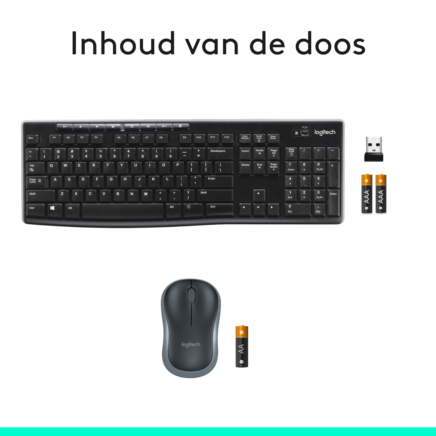 Keyboard, mouse, USB receiver and batteries.