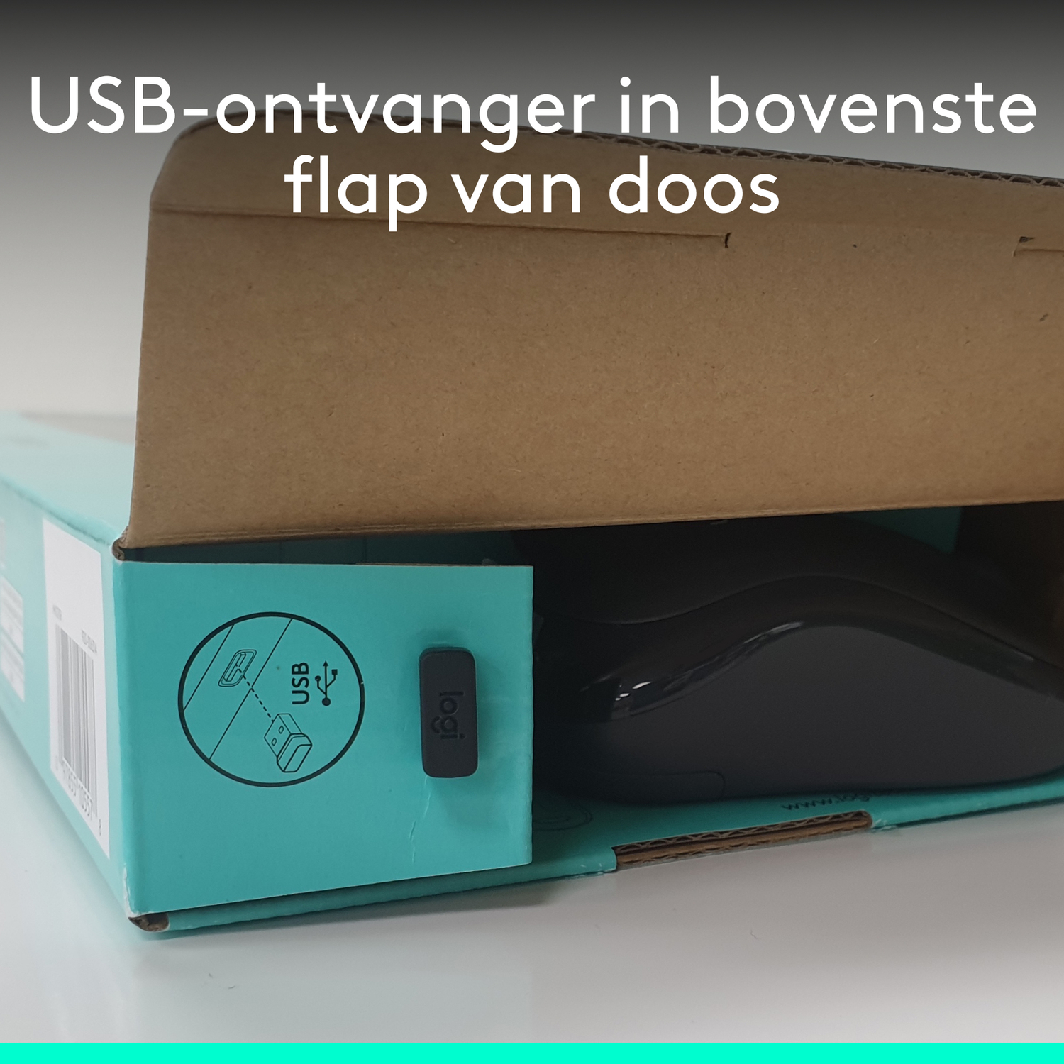 A USB receiver in the top flap of a partially open turquoise box with a mouse.