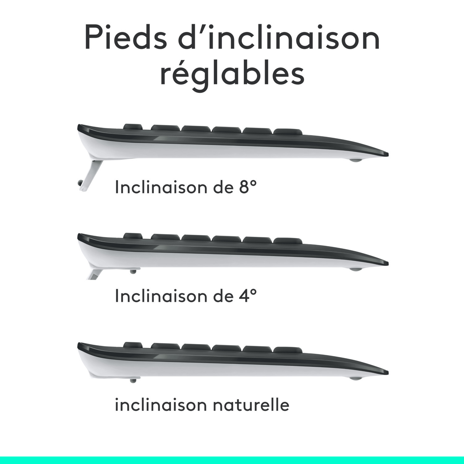Un clavier noir avec des pieds réglables qui montrent différentes inclinaisons.